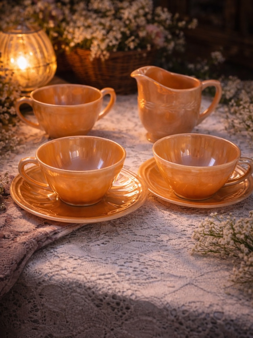 Vintage Fire-King Peach Luster Tea Set Mismatched Cups, Saucers, Creamer, Sugar